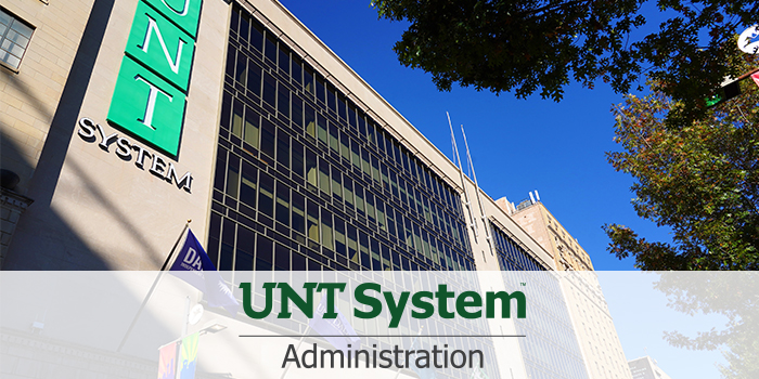 The University of North Texas System Administration building with UNT System branding