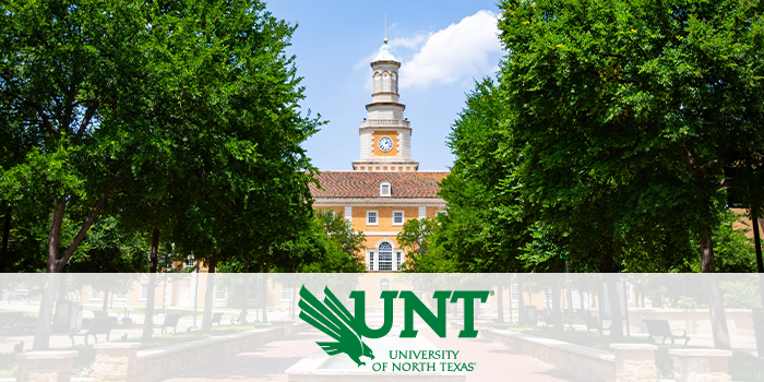 The University of North Texas administration building with UNT branding